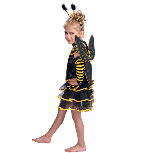 2023 Halloween Kids Girls Bee Costume Black Bee Dress with Wings Cosplay Costume