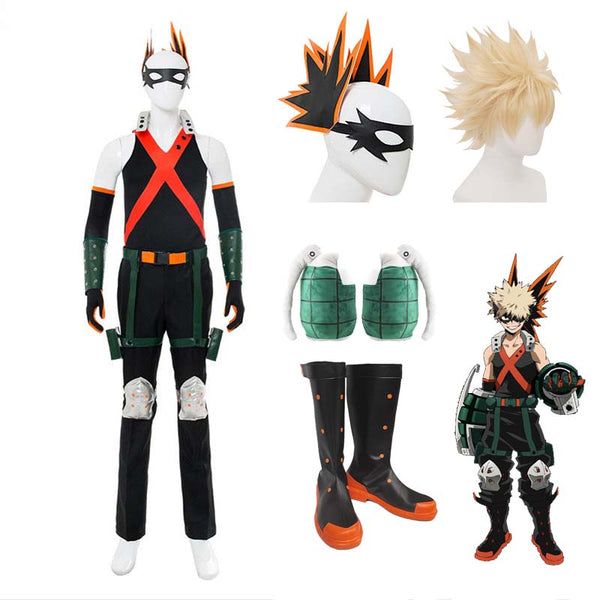 Anime Boku No Hero / My Hero Academia Katsuki Bakugo Hero Costume With Wigs and Shoes Whole Set Kacchan Fighting Costume Set