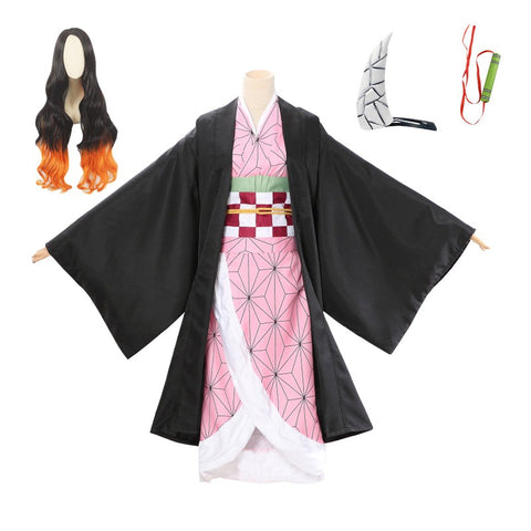 Anime Nezuko Kamado Cosplay Costume With Wigs and Horns Props Full Set Halloween Costume