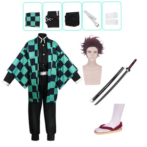 Anime Cosplay Tanjiro Kamado Costume+Wigs+Shoes+Weapon Sword Props Whole Set Halloween Costume