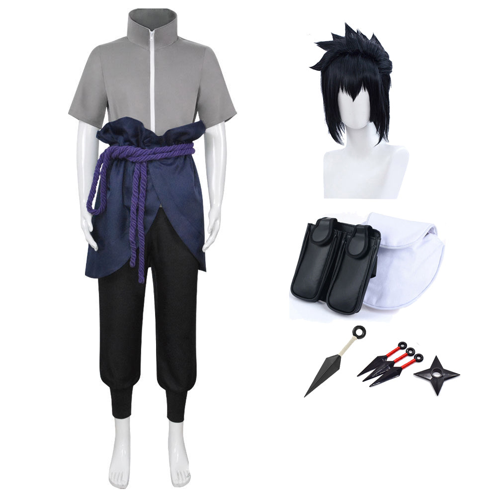 Anime Shippuden Sasuke Uchiha Grey Version Costume With Wigs and Accessories Full Set Cosplay Outfit