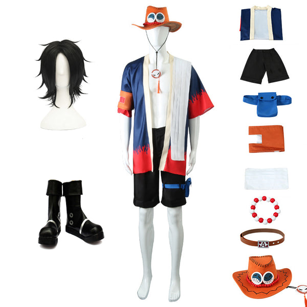 Anime One Piece Fire Fist Portgas D. Ace Arabasta Arc Cosplay Costume Full Set Outfit+Wigs+Hat+Boots Costume Set