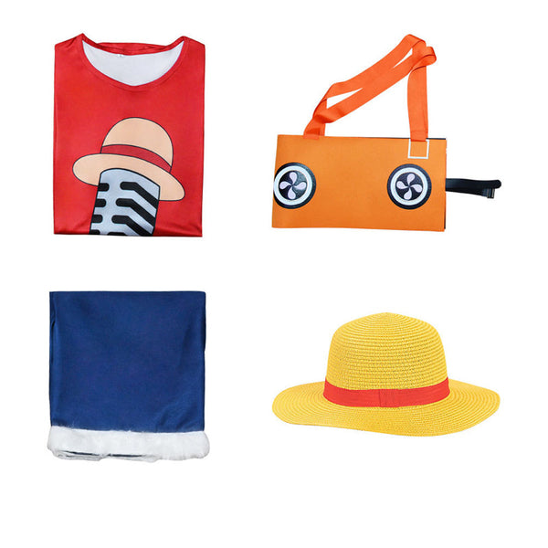 Anime One Piece Movie Red Straw Hat Monkey D. Luffy Costume With Wigs and Straw Shoes Whole Set Cosplay Outfit