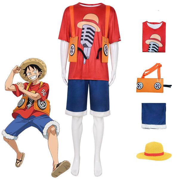 Anime One Piece Movie Red Straw Hat Monkey D. Luffy Costume With Wigs and Straw Shoes Whole Set Cosplay Outfit