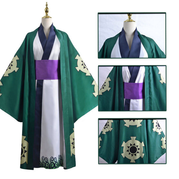 Anime One Piece Wano Country Roronoa Zoro Costume Kimono With Green Cloak Halloween Cosplay Outfit