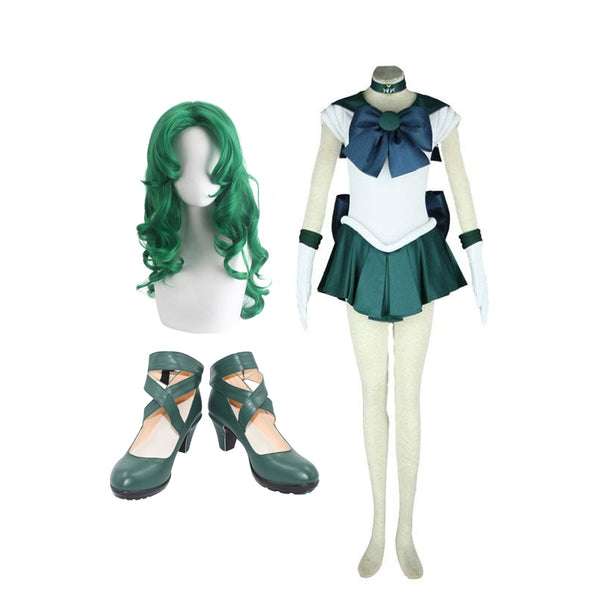 Anime Sailor Moon Michiru Kaiou Sailor Neptune Full Set Cosplay Costume+Wigs+Shoes Set