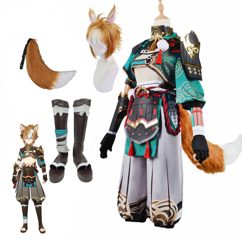 Genshin Impact Gorou Full Set Cosplay Costume+Wigs+Boots+Tail Halloween Costume Outfit Set