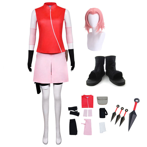 Anime Haruno Sakura Part II Costume Full Set With Wigs Shoes Headband Kunai Halloween Cosplay Outfit Set