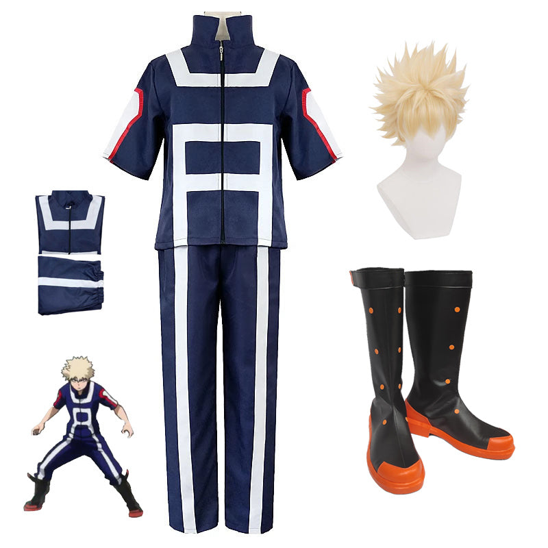 Anime Boku No Hero / My Hero Academia Katsuki Bakugo Kacchan Training Suit Costume+Wigs+Boots Full Set Halloween Costume