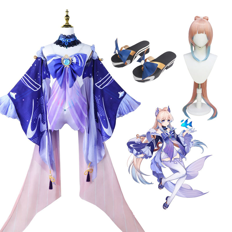 Genshin Impact Sangonomiya Kokomi Whole Set Cosplay Costume With Wigs and Cosplay Clogs Shoes Costume Set