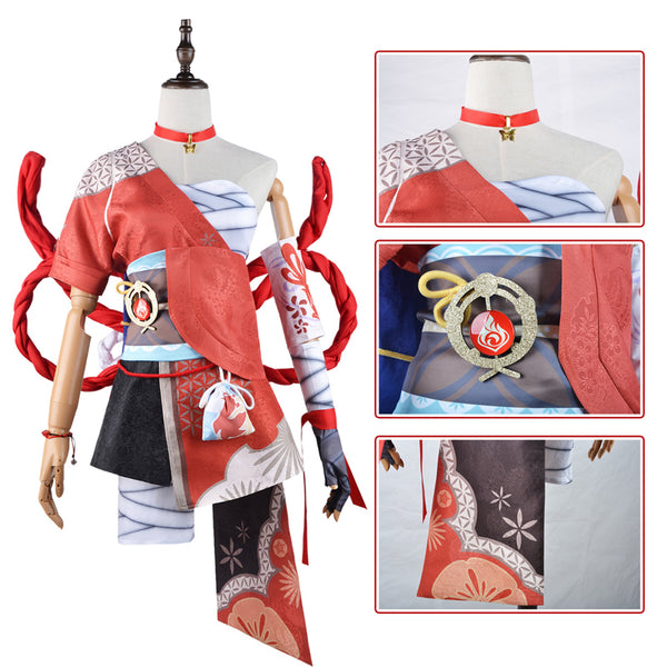 Genshin Impact Yoimiya Whole Set Cosplay Costume+Wigs+Clogs+Socks Halloween Whole Set Cosplay Outfit