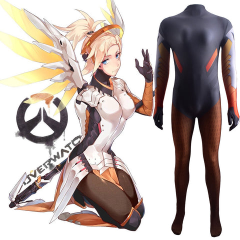 Overwatch Mercy Angela Ziegler Zentai Costume Halloweem Cosplay Jumpsuit Outfit