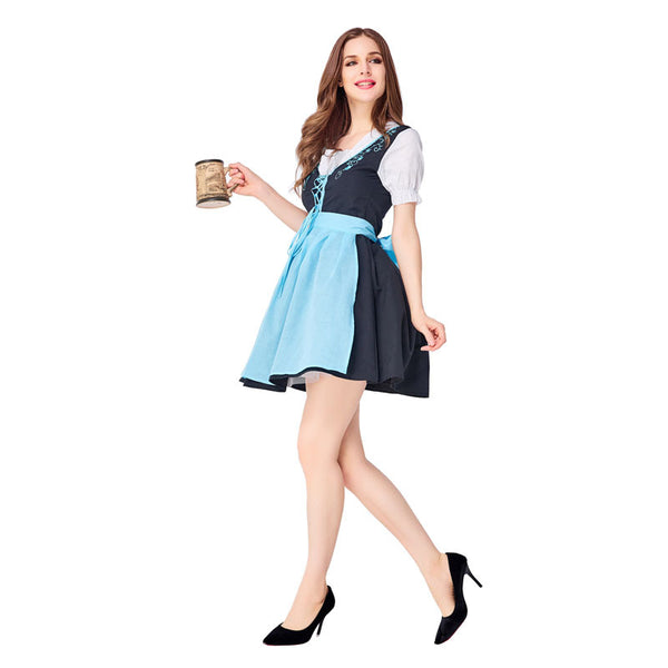Women Bavarian Beer Oktoberfest Blue Party Maid Dress Costume